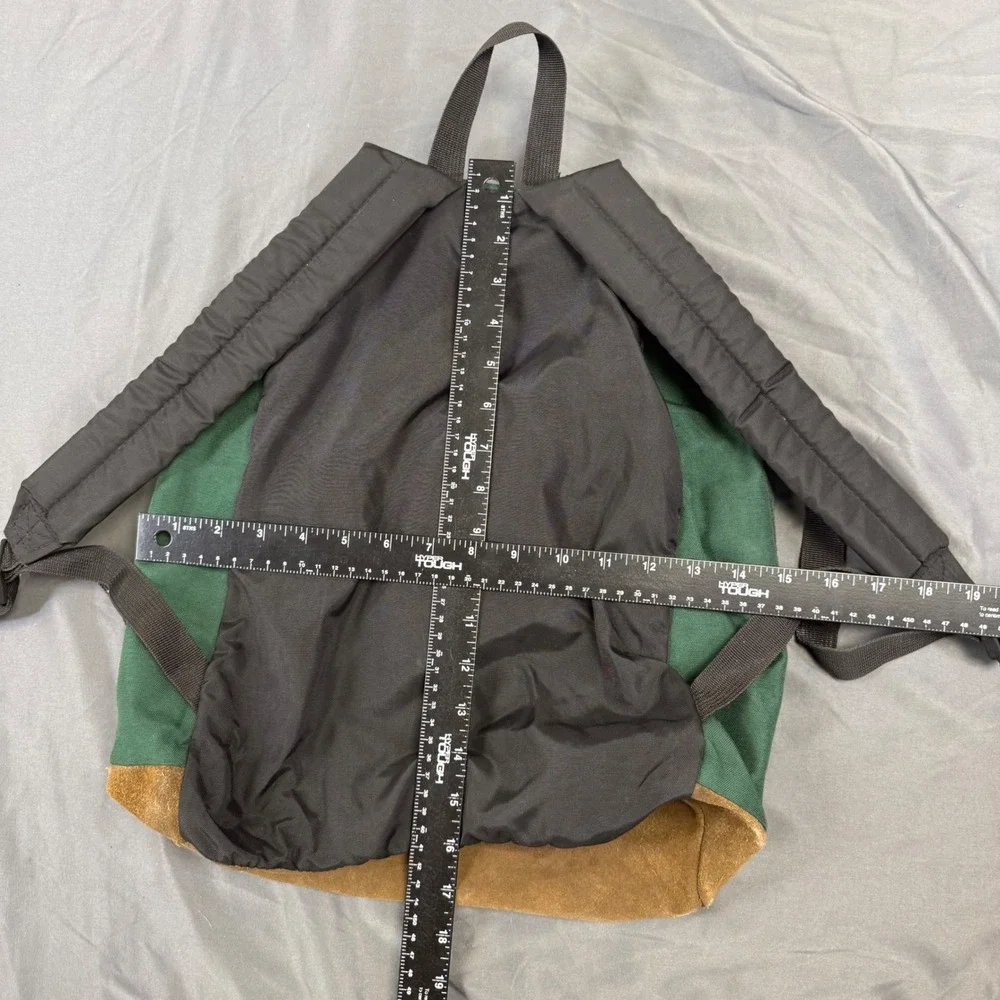 Vintage JanSport Backpack Green Canvas Brown Suede Leather Bottom School Bag